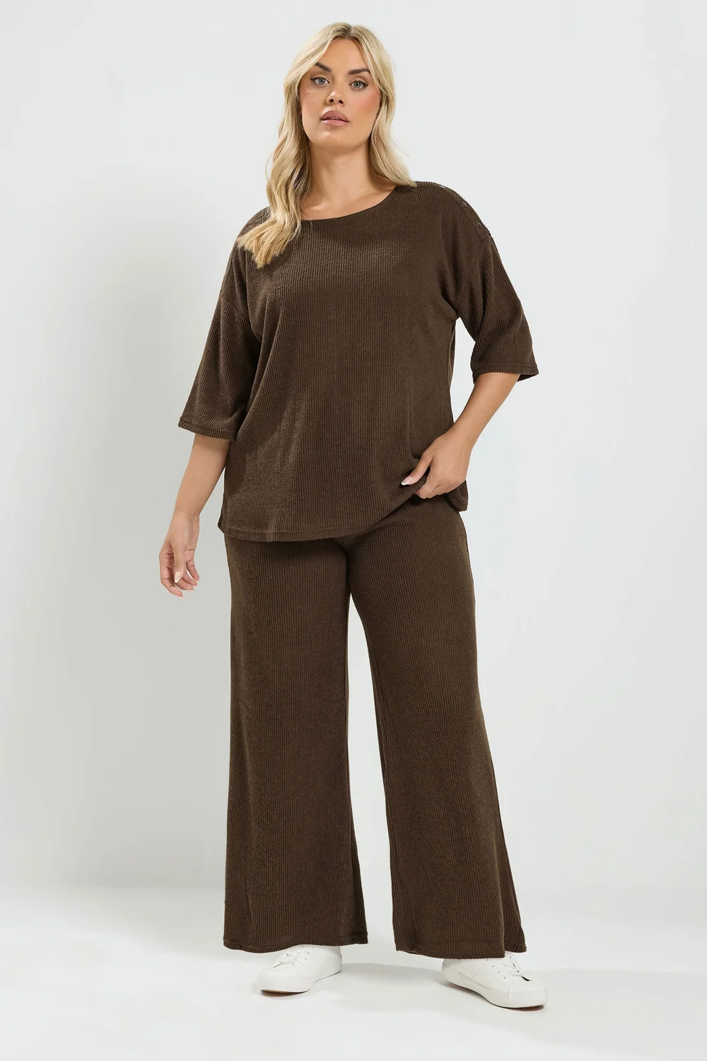 Yours Curve Chocolate Brown Ribbed Wide Leg Trouser Set - 20 Image 1