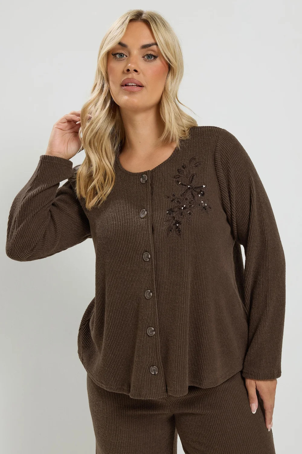 Yours Curve Chocolate Brown Soft Touch Embroidered Cardigan Set - 26-28 Image 3