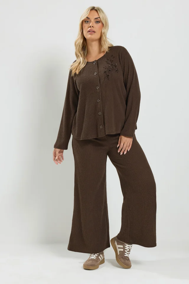 Yours Curve Chocolate Brown Soft Touch Embroidered Cardigan Set