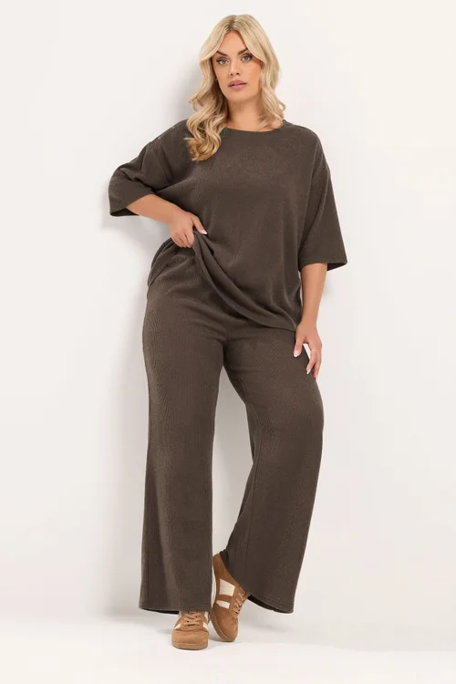 Yours Curve Chocolate Brown Ribbed Wide Leg Trousers - 10 Image 2