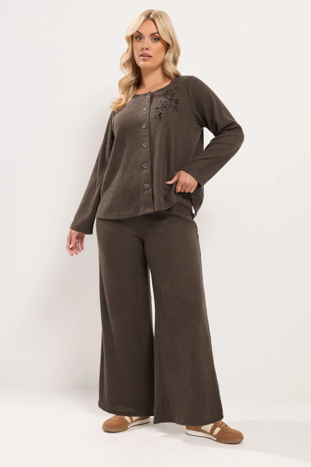 Yours Curve Chocolate Brown Ribbed Wide Leg Trousers