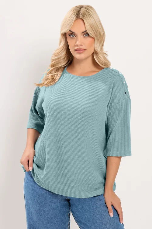 Yours Curve Blue Ribbed Studded Top - 18 Image 1