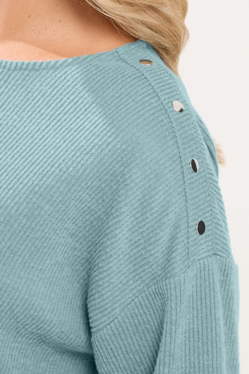 Yours Curve Blue Ribbed Studded Top - 18 Image 4