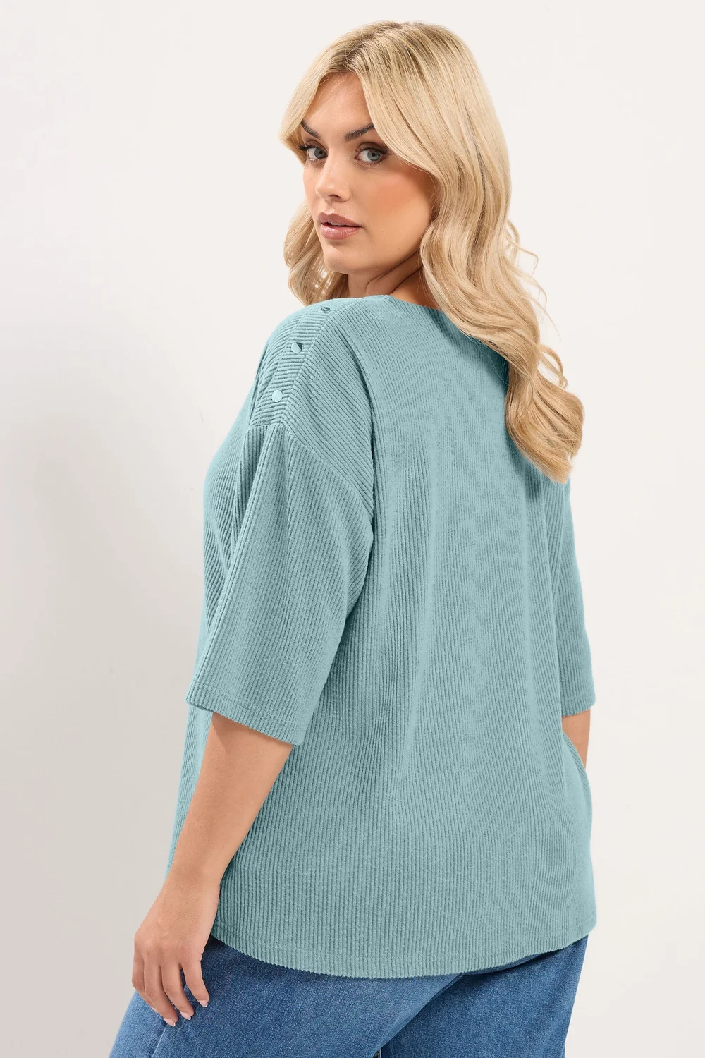 Yours Curve Blue Ribbed Studded Top - 18 Image 3