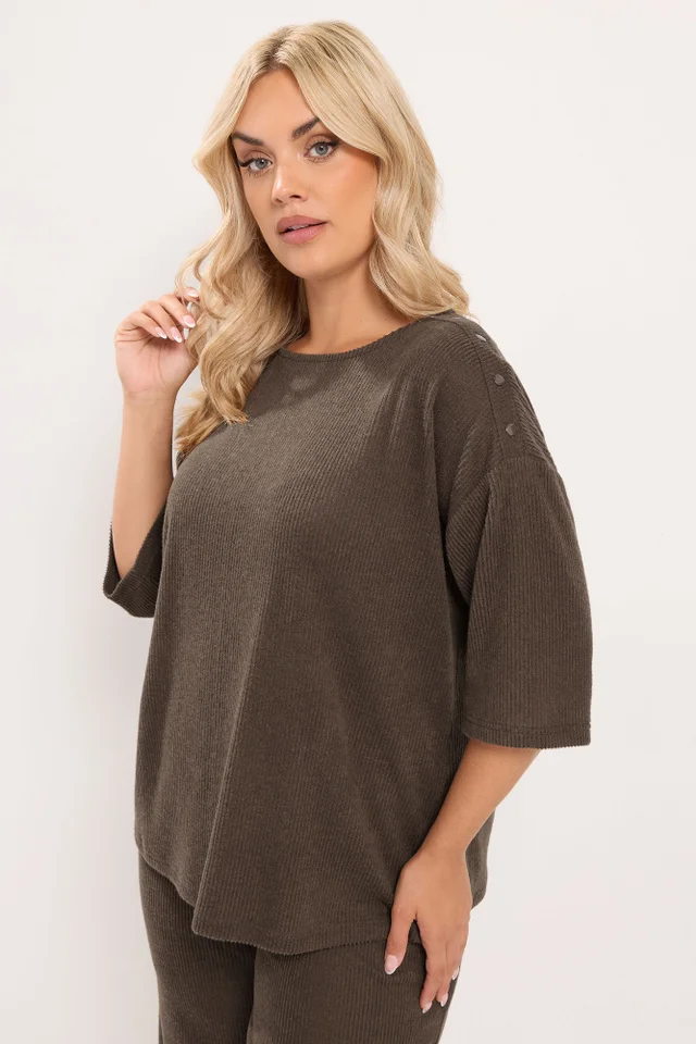 Yours Curve Chocolate Brown Ribbed Studded Top