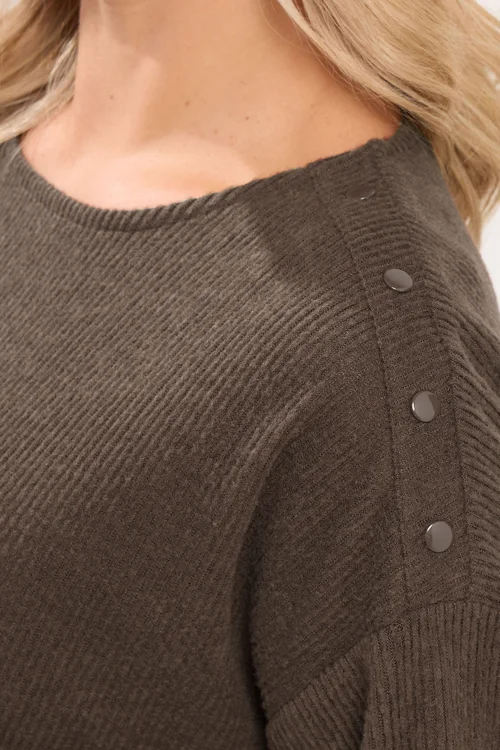 Yours Curve Chocolate Brown Ribbed Studded Top - 22-24 Image 4