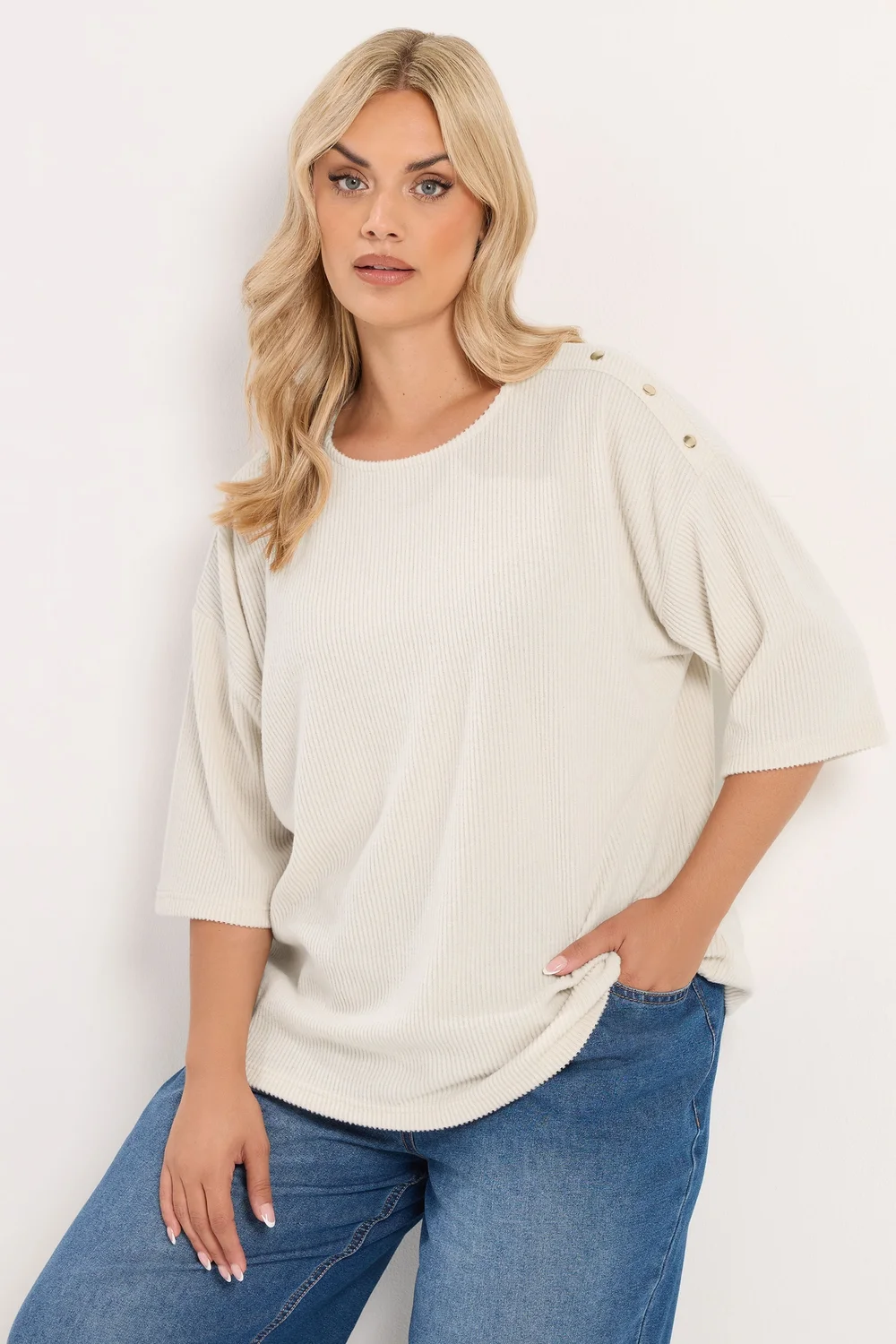 Yours Curve Cream Ribbed Studded Top - 18 Image 1