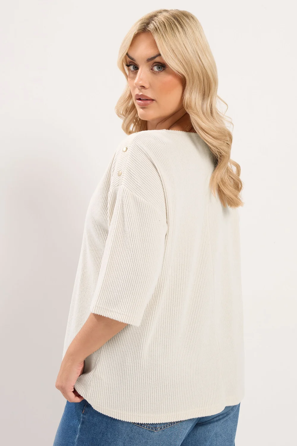 Yours Curve Cream Ribbed Studded Top - 18 Image 3