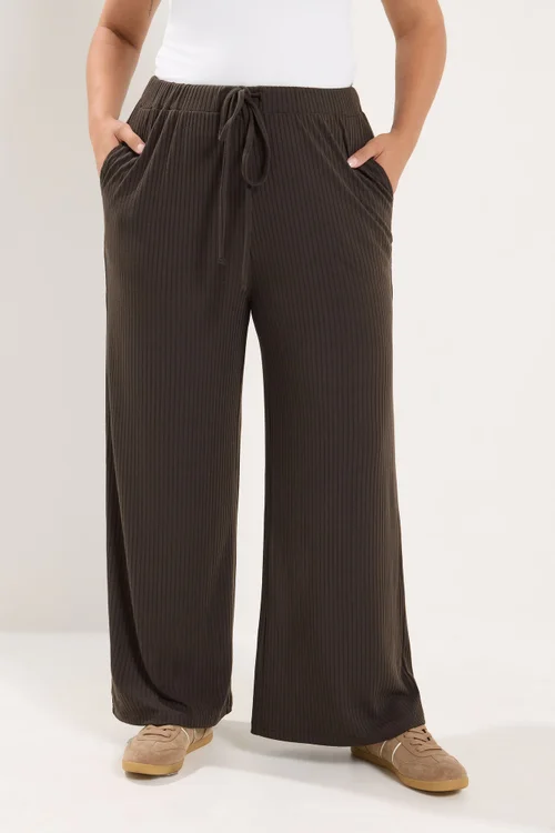 Yours Curve Chocolate Brown Ribbed Pull On Trousers - 20/L30 Image 1