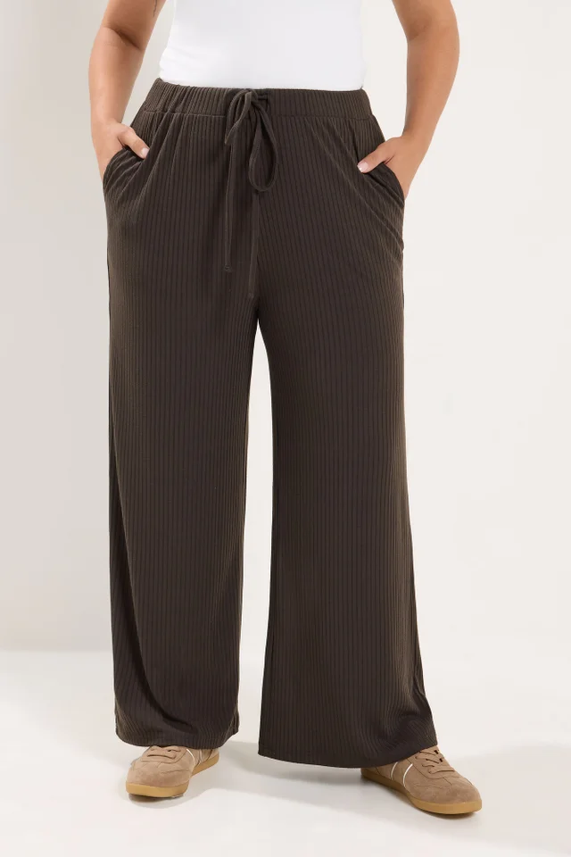 Yours Curve Chocolate Brown Ribbed Pull On Trousers