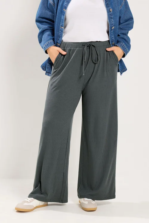 Yours Curve Grey Ribbed Pull On Trousers - 16/L30 Image 1
