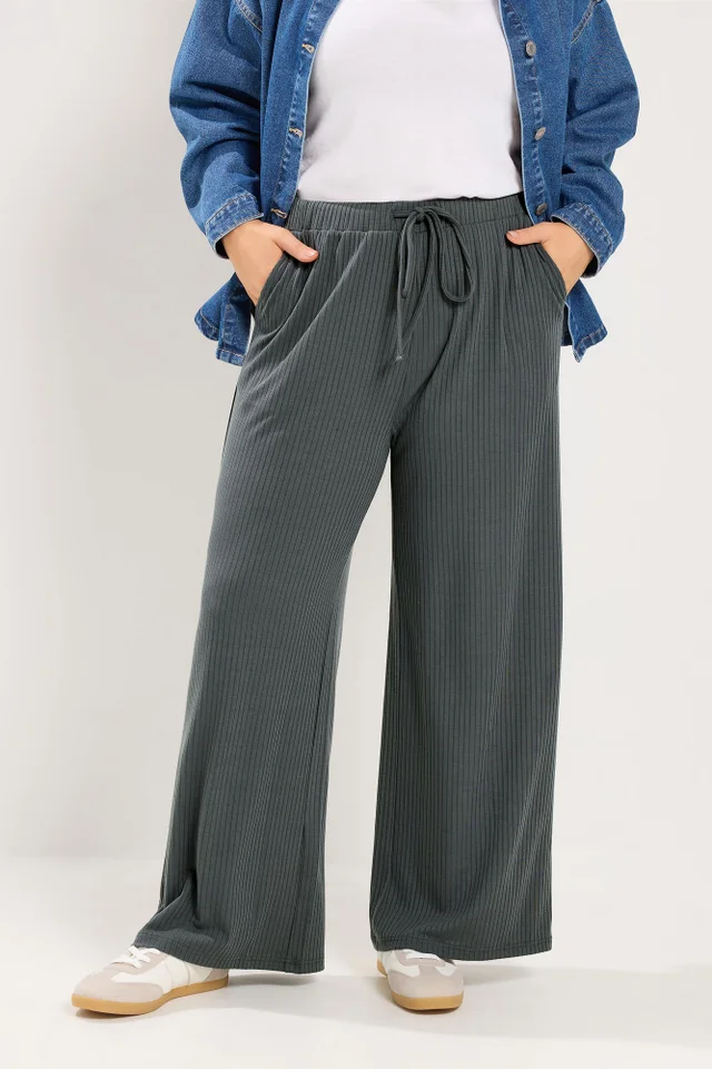 Yours Curve Grey Ribbed Pull On Trousers