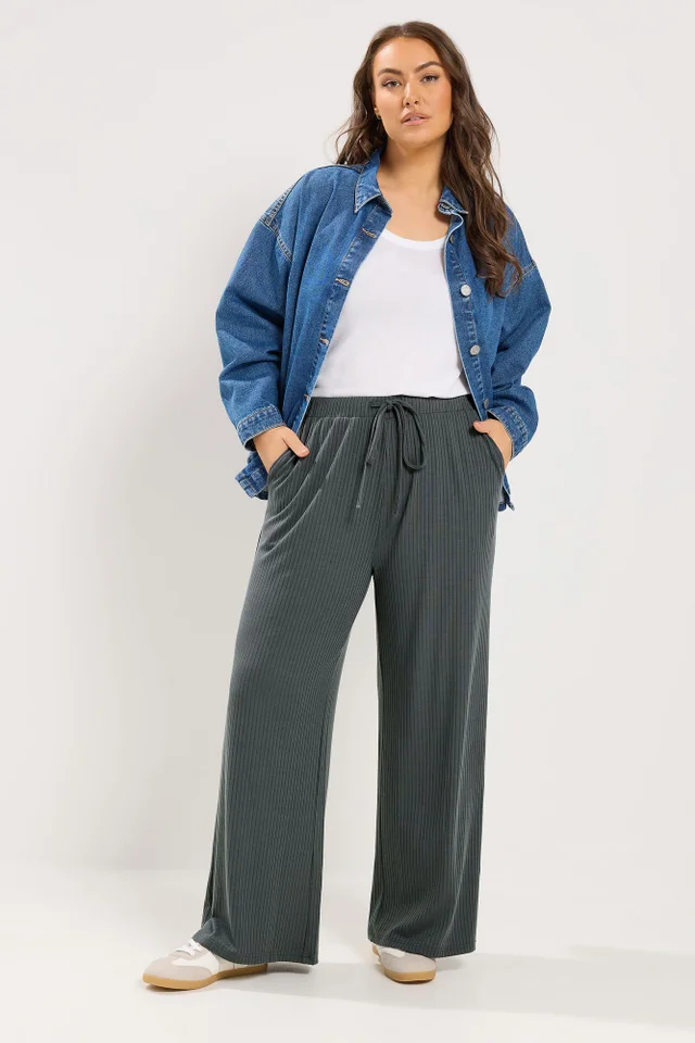 Yours Curve Grey Ribbed Pull On Trousers