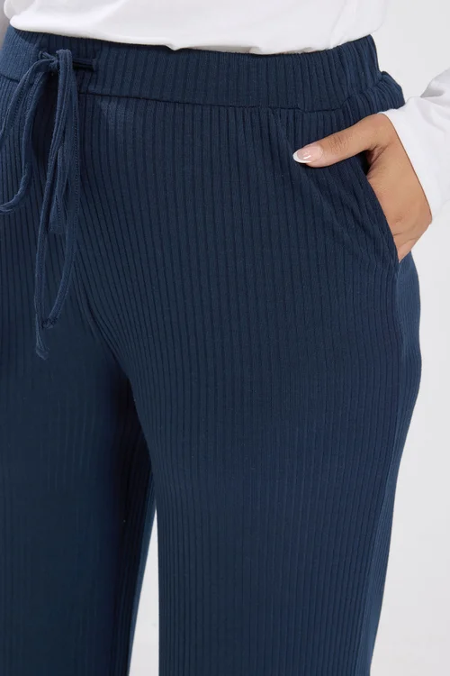 Yours Curve Navy Blue Ribbed Pull On Trousers - 22-24/L30 Image 4