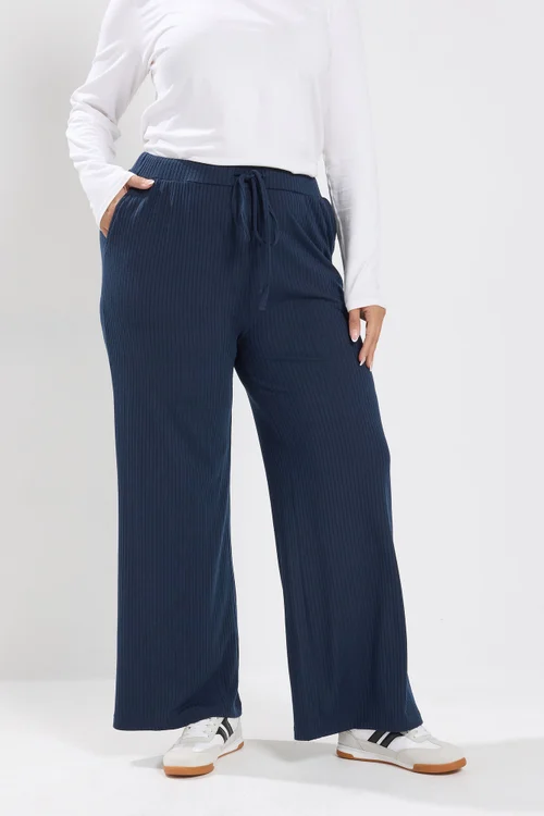 Yours Curve Navy Blue Ribbed Pull On Trousers - 22-24/L30 Image 1