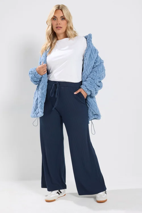 Yours Curve Navy Blue Ribbed Pull On Trousers - 22-24/L30 Image 2