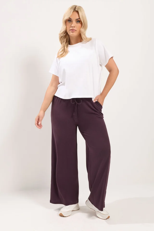 Yours Curve Purple Ribbed Pull On Trousers
