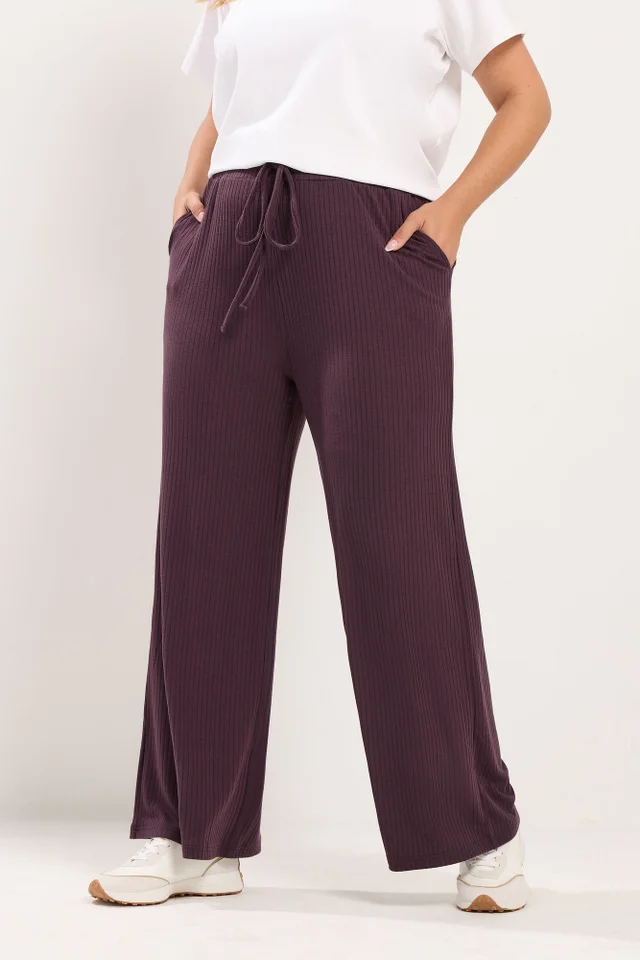 Yours Curve Purple Ribbed Pull On Trousers