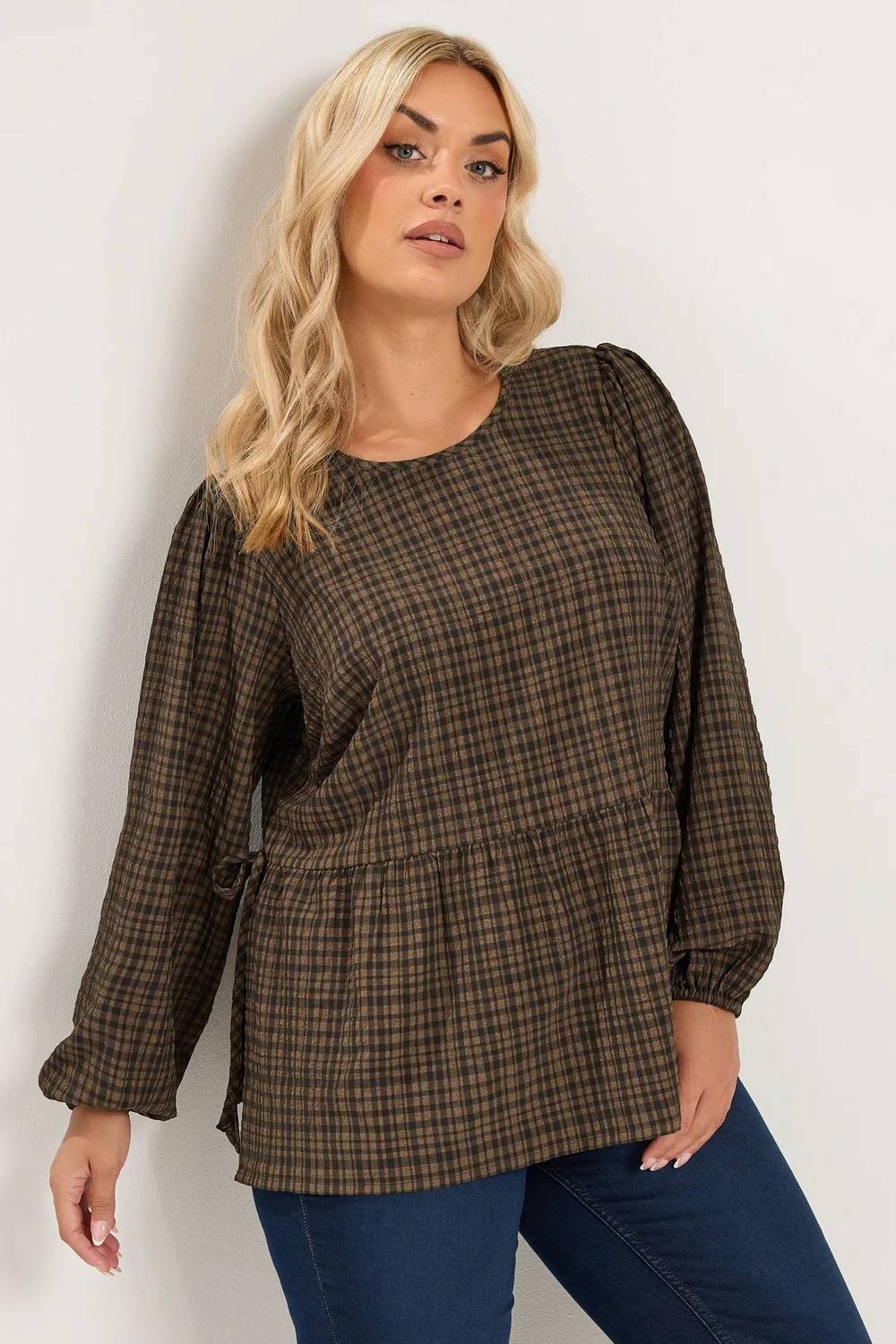Yours Curve Chocolate Brown Check Textured Tie Side Top - 20 Image 1