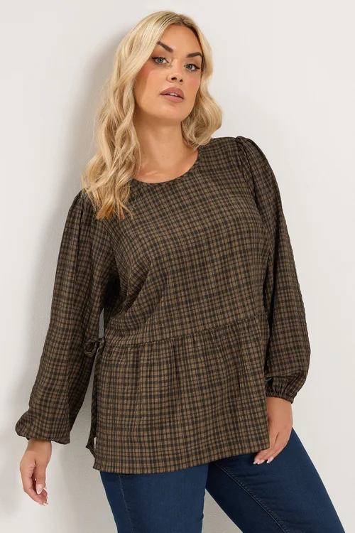 Yours Curve Chocolate Brown Check Textured Tie Side Top - 20 Image 1