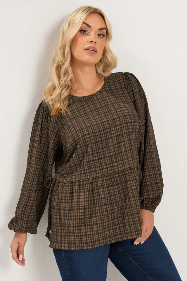 Yours Curve Chocolate Brown Check Textured Tie Side Top