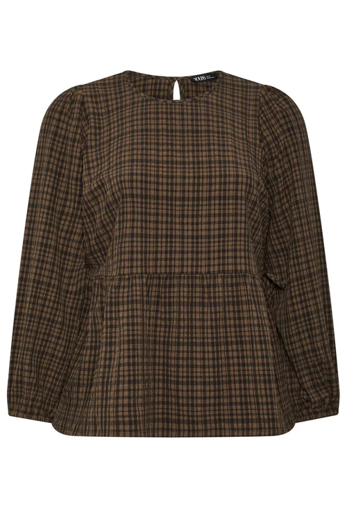 Yours Curve Chocolate Brown Check Textured Tie Side Top - 20 Image 5