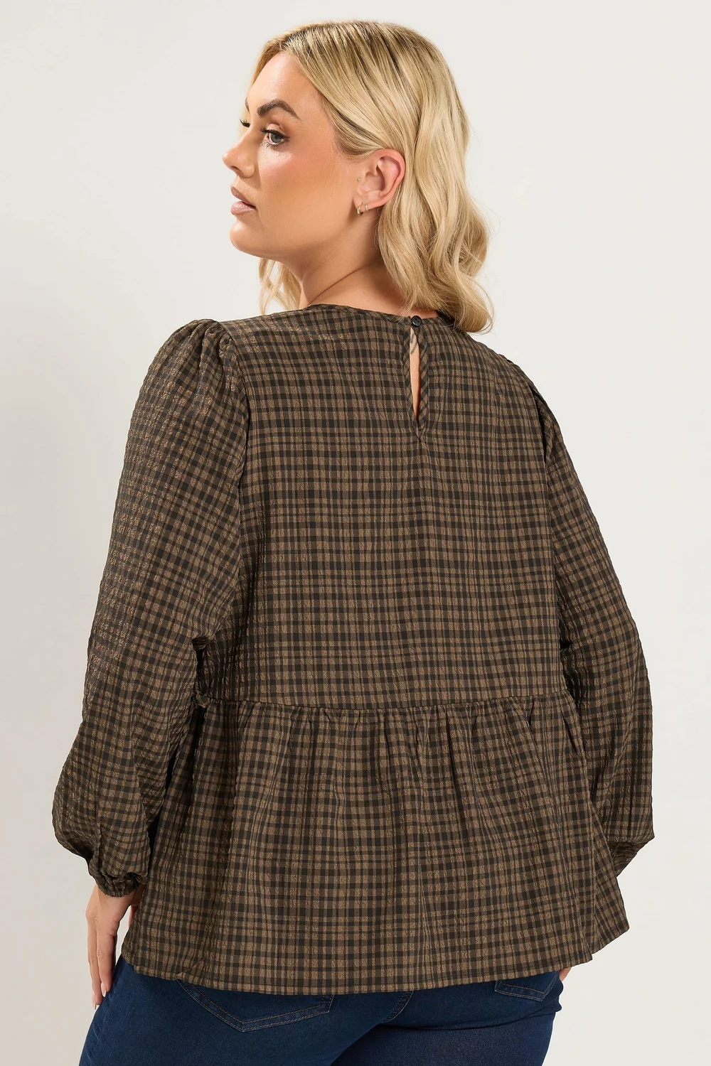 Yours Curve Chocolate Brown Check Textured Tie Side Top - 20 Image 3