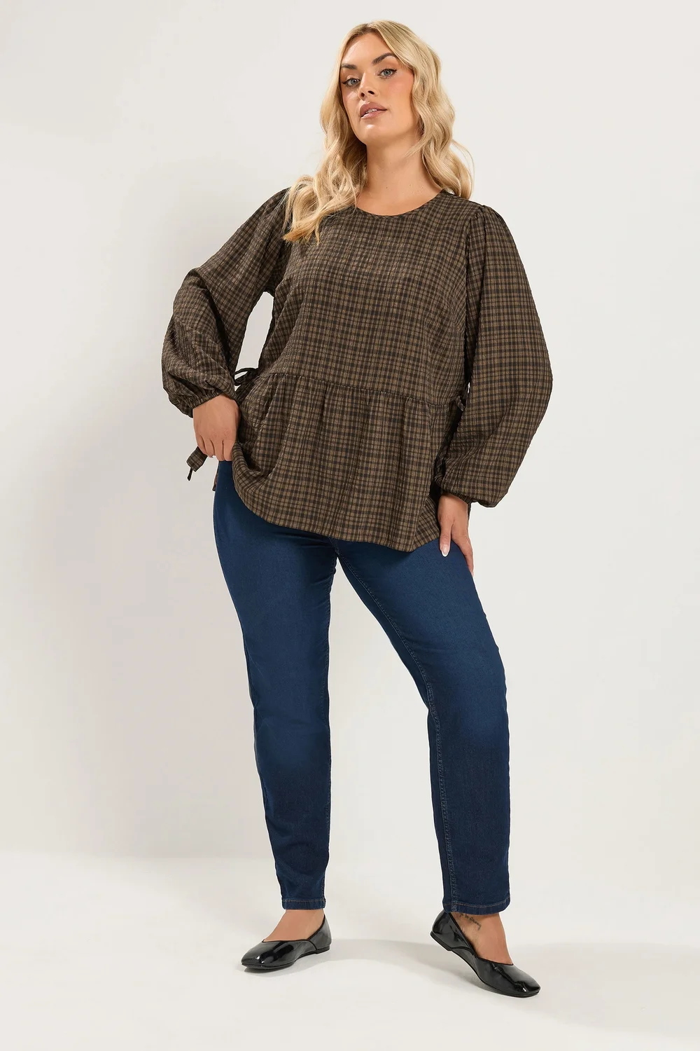Yours Curve Chocolate Brown Check Textured Tie Side Top - 20 Image 2