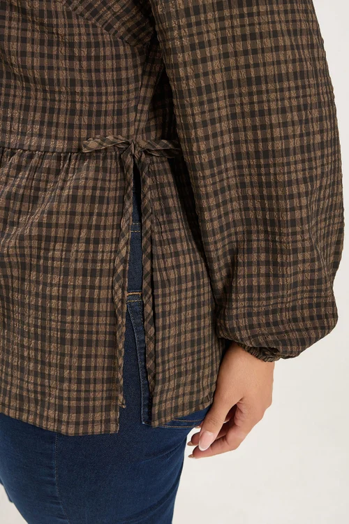 Yours Curve Chocolate Brown Check Textured Tie Side Top - 20 Image 4