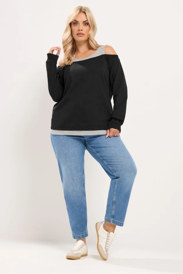 Yours Curve Black 2 In 1 Bardot Ribbed Trim Top