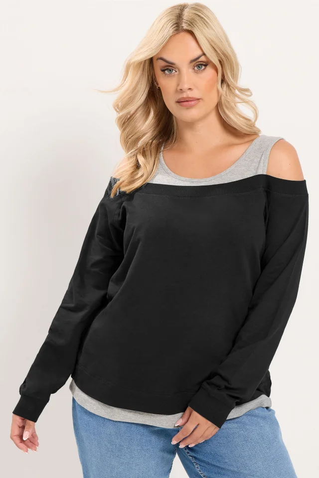 Yours Curve Black 2 In 1 Bardot Ribbed Trim Top