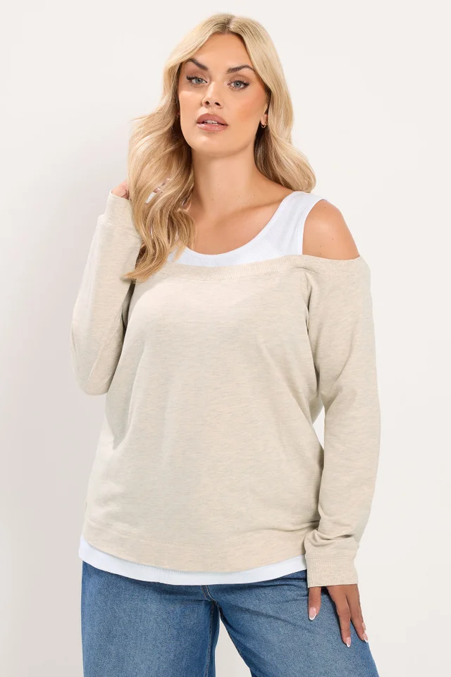 Yours Curve Ivory White 2 In 1 Bardot Ribbed Trim Top
