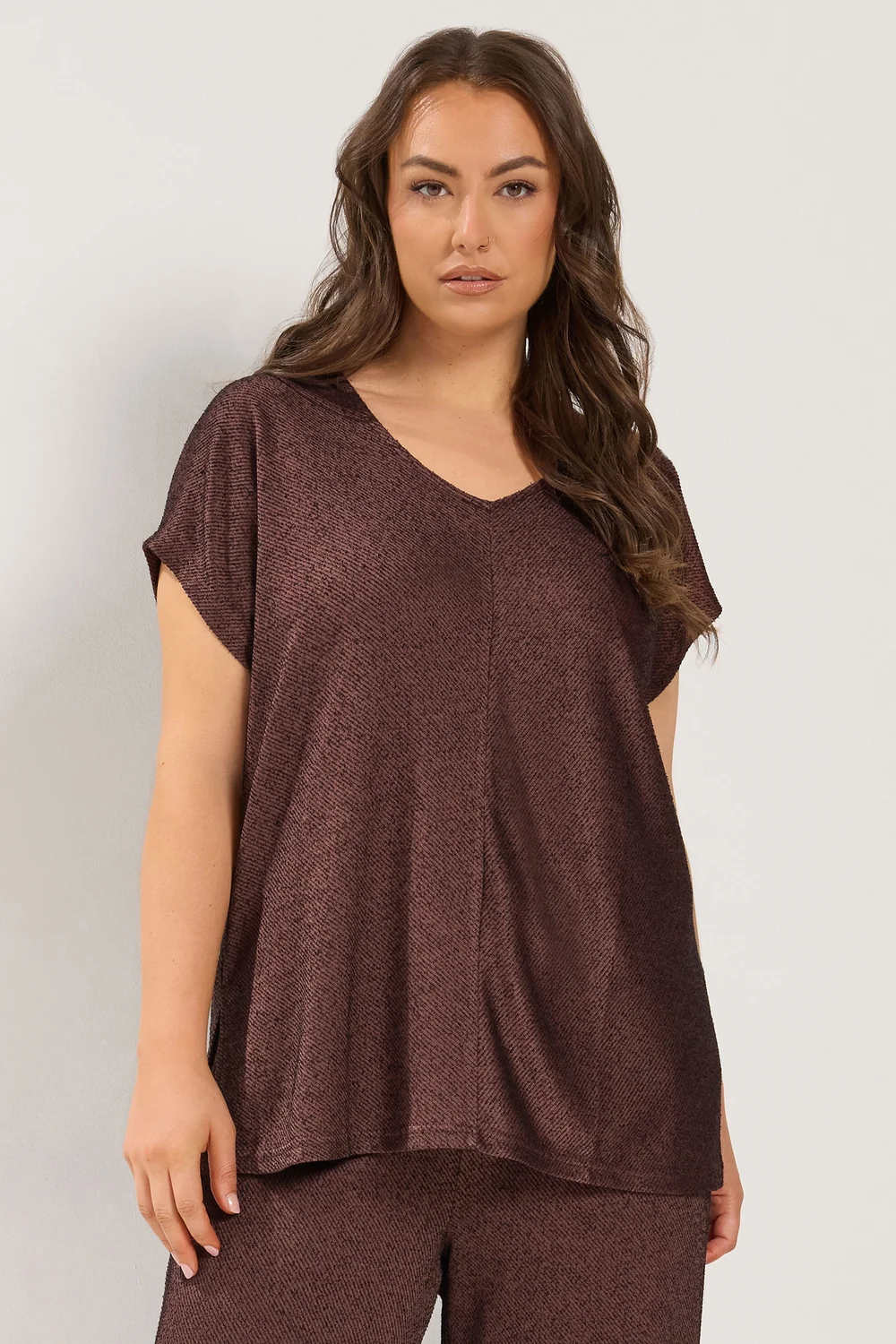 Yours Curve Chocolate Brown V-Neck Top - 14 Image 1