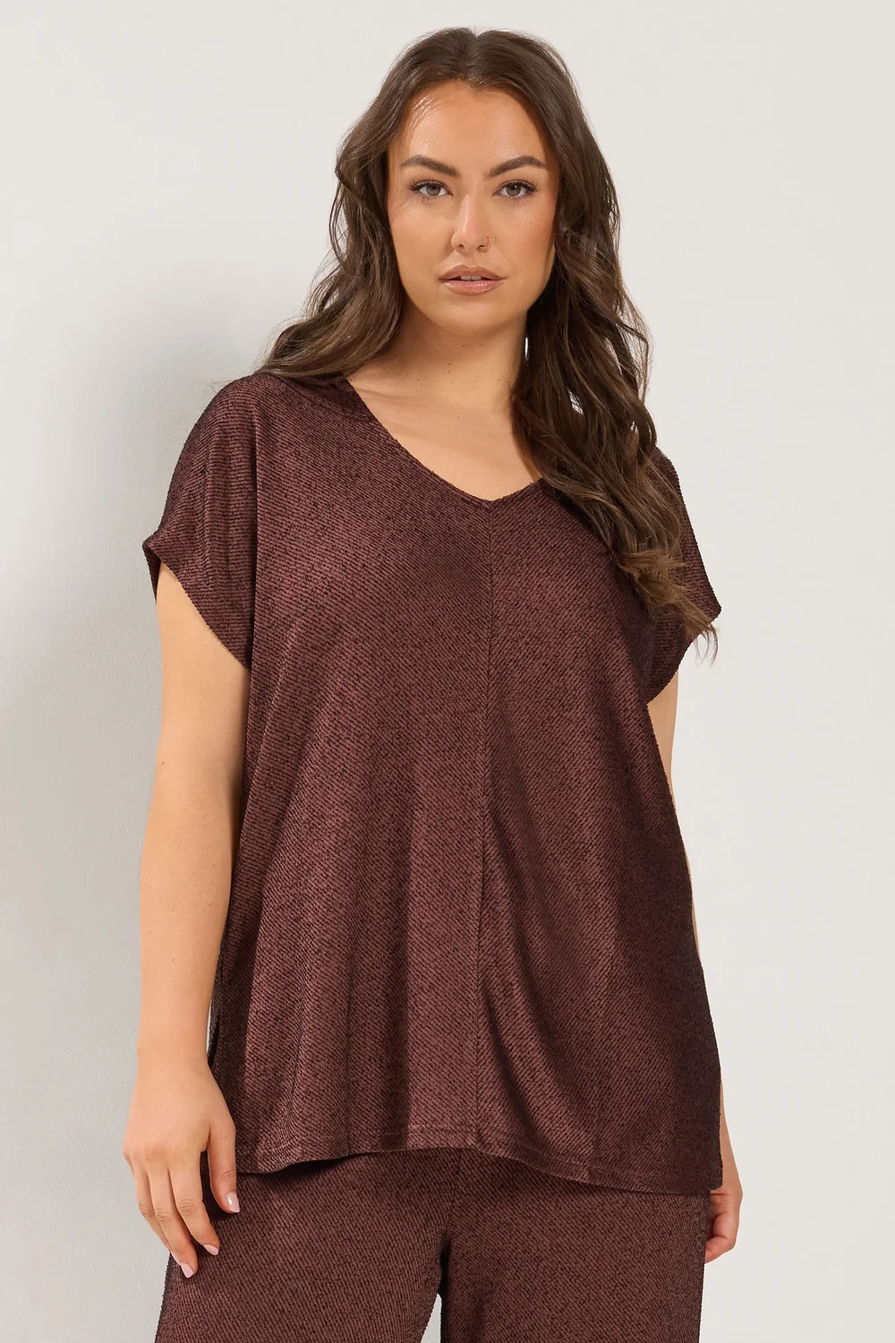 Yours Curve Chocolate Brown V-Neck Top - 14 Image 1