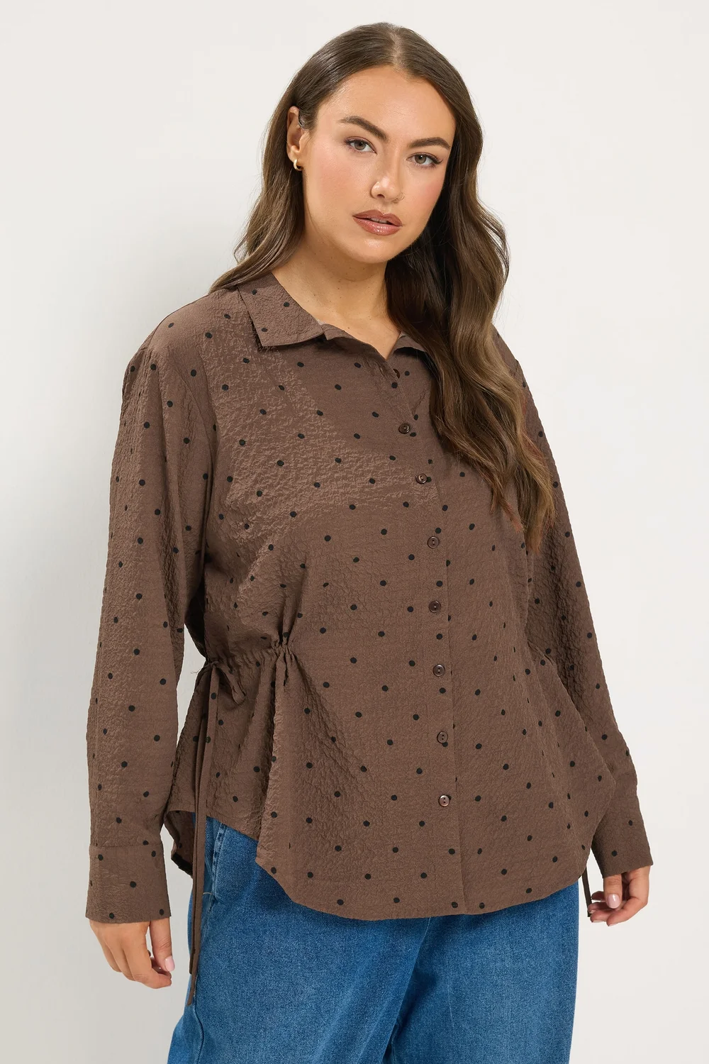 Yours Curve Brown Polka Dot Textured Shirt - 26-28 Image 1