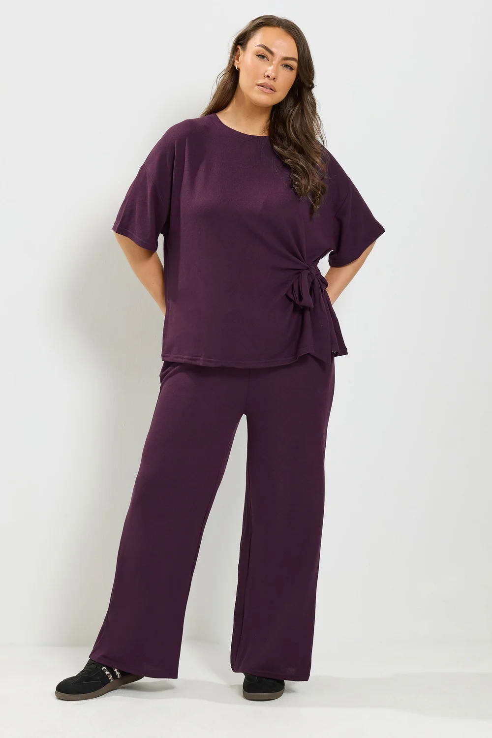Yours Curve Purple Tie Waist Soft Touch Trouser Set - 14 Image 1