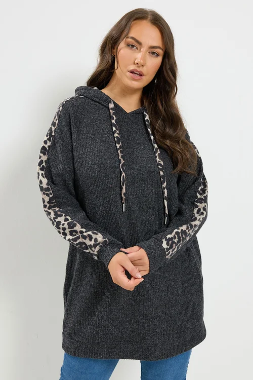 Yours Curve Grey Leopard Print Hoodie - 26-28 Image 1