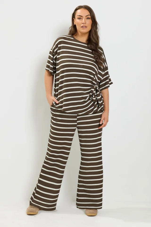 Yours Curve Chocolate Brown Stripe Tie Waist Trouser Set