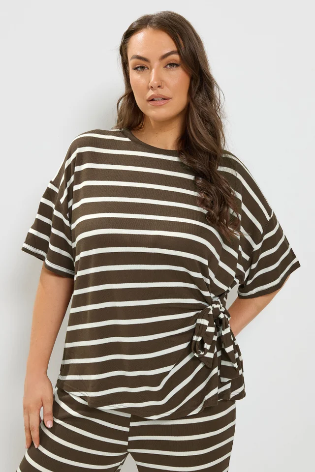 Yours Curve Chocolate Brown Stripe Tie Waist Trouser Set