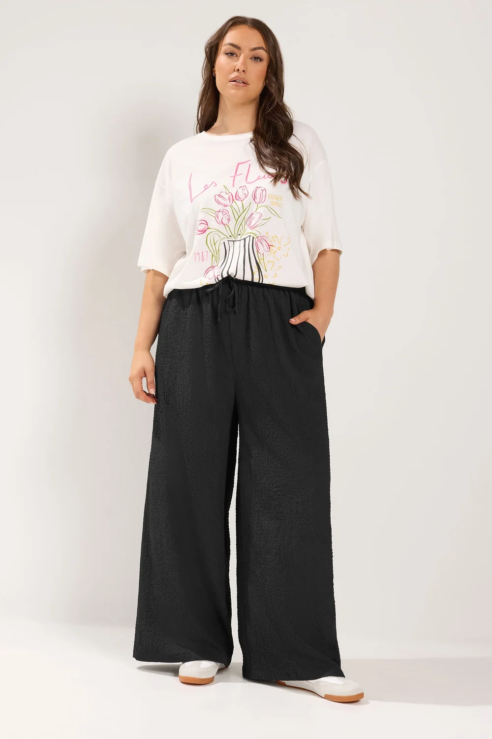 Yours Curve Black Texture Wide Leg Trousers - 18/L28 Image 1