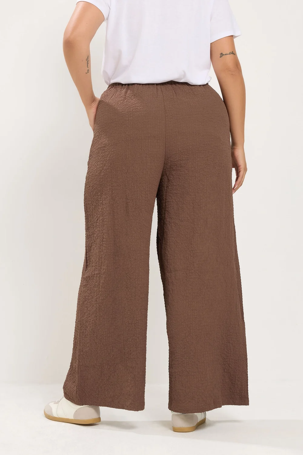 Yours Curve Chocolate Brown Texture Wide Leg Trousers - 22-24/L28 Image 3