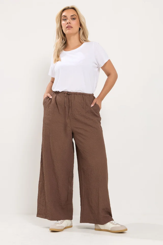 Yours Curve Chocolate Brown Texture Wide Leg Trousers