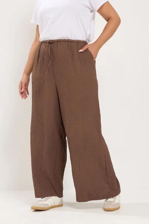 Yours Curve Chocolate Brown Texture Wide Leg Trousers - 22-24/L28 Image 1