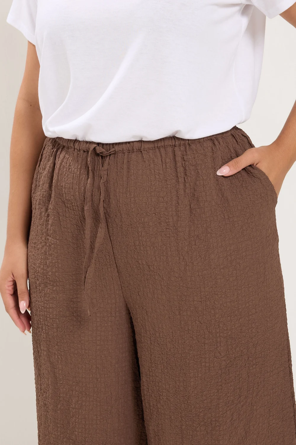 Yours Curve Chocolate Brown Texture Wide Leg Trousers - 22-24/L28 Image 4
