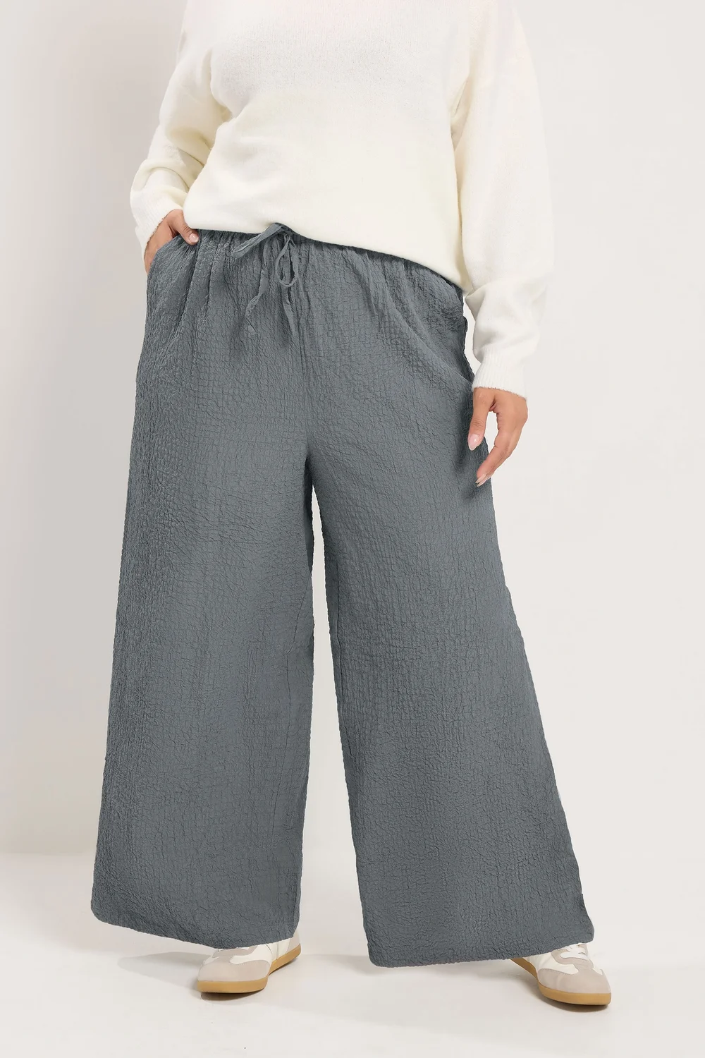 Yours Curve Grey Texture Wide Leg Trousers - 14/L28 Image 1