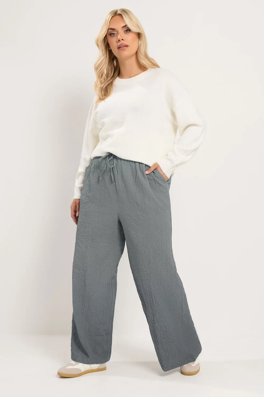 Yours Curve Grey Texture Wide Leg Trousers - 14/L28 Image 2