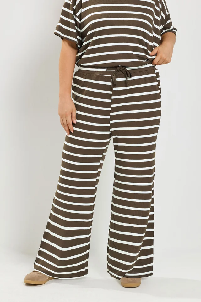 Yours Curve Chocolate Brown Stripe Tie Waist Trousers