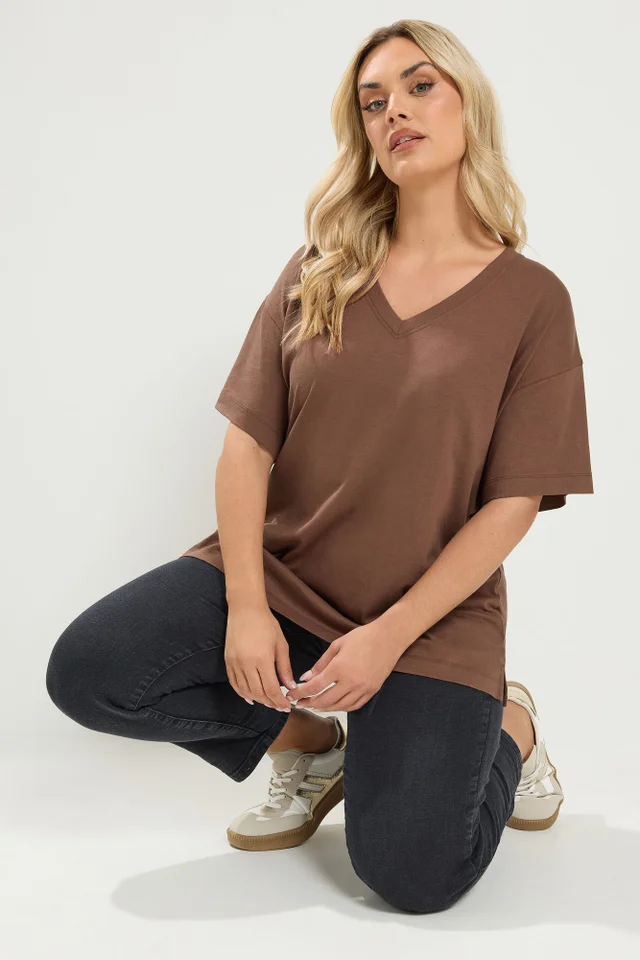 Yours Curve Chocolate Brown V-Neck Longline T-Shirt
