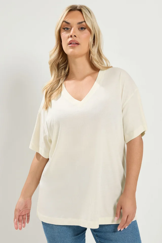 Yours Curve Ivory White V-neckline Longline T-Shirt