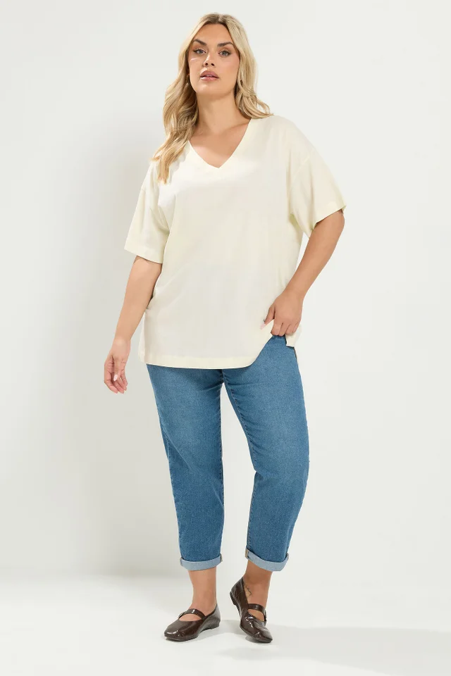 Yours Curve Ivory White V-neckline Longline T-Shirt